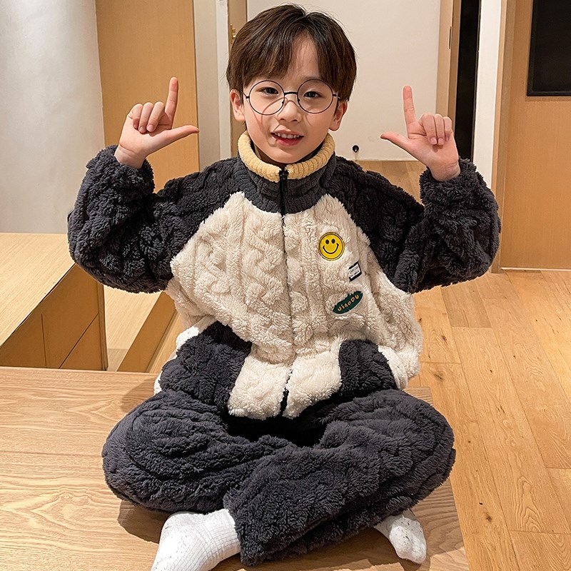 儿童睡衣男童开衫秋冬珊瑚绒加厚套装可外穿小孩子冬季家居服奥特