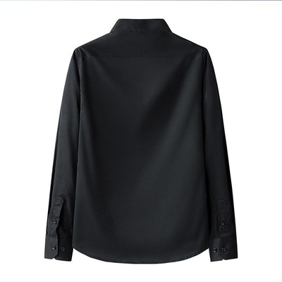 白色立领衬衫男长袖春季村杉弹力200斤上班有口袋无圆领衬衣工装