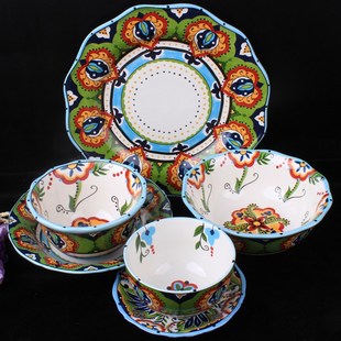 新疆喀什手工彩绘高端陶瓷碗盘炒面拌面抓饭盘子奶茶汤饭酸奶碗厚