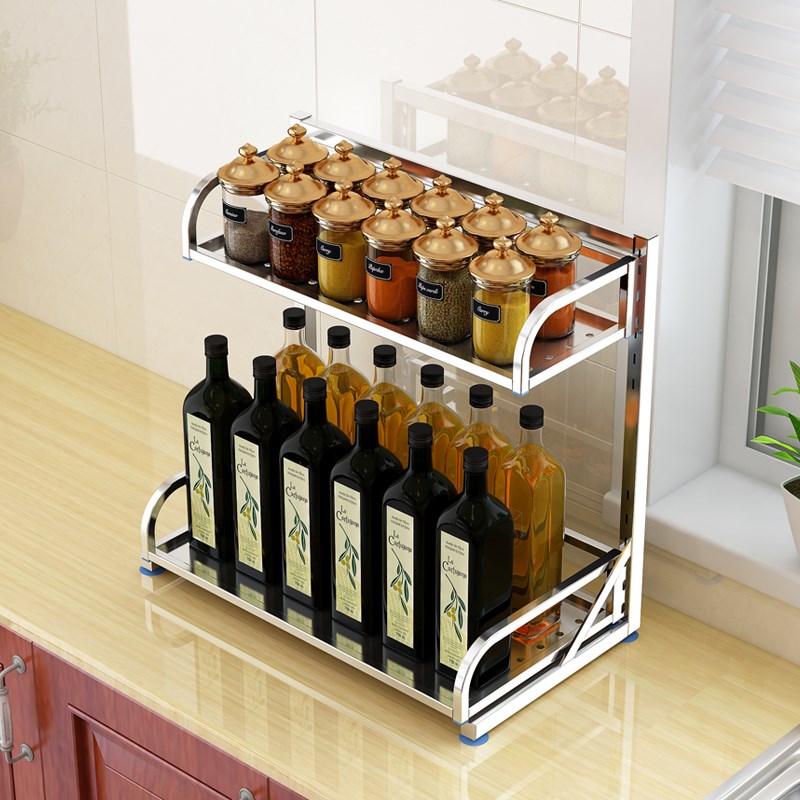 加厚不锈钢收纳架落地多功能厨房用品家用置物架可调节多层调料架