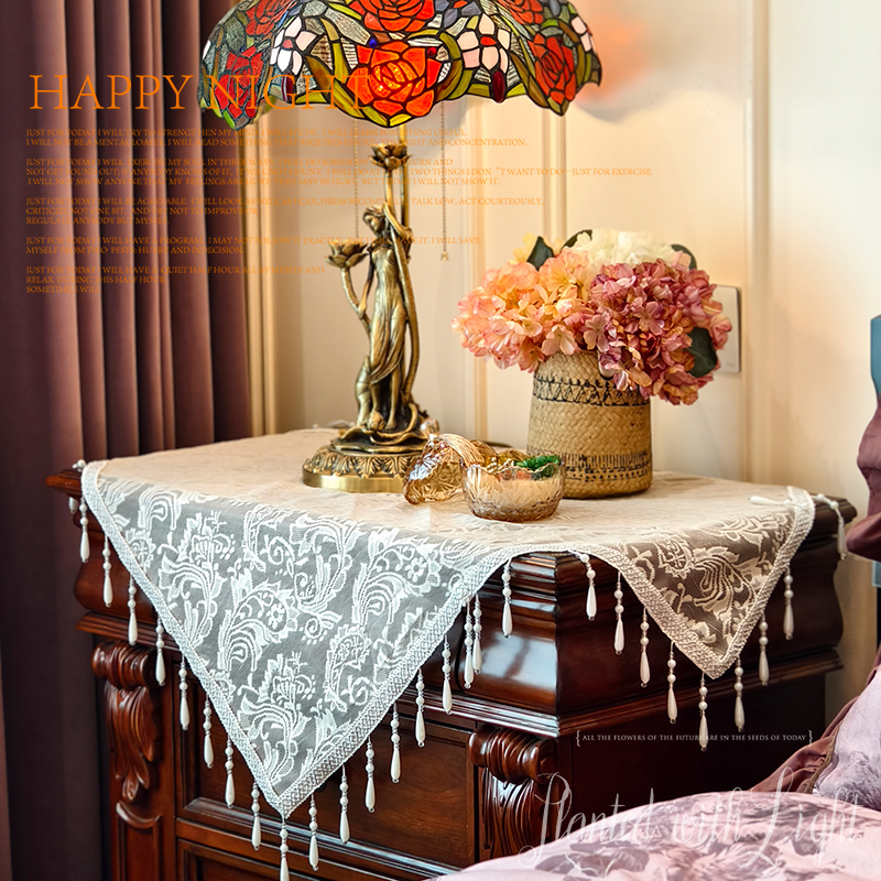 法式蕾丝刺绣盖巾轻奢高级感床头柜吊珠长方圆餐桌布茶几防尘罩