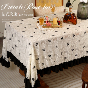 法式复古小香桌布氛围刺绣玫瑰圆桌方桌盖巾茶几台布中古风装饰罩