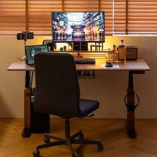 朝朝电动升降桌樱桃木升降桌书桌实木双电机自动升降电脑办公桌