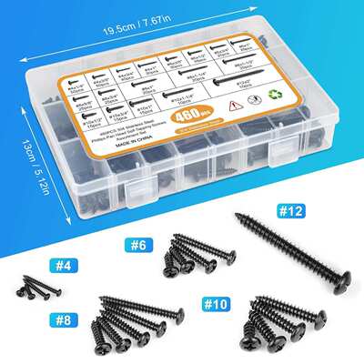 460pcs黑锌十字盘头自攻木螺丝套装4#6#8#10十字圆头螺丝自攻螺丝