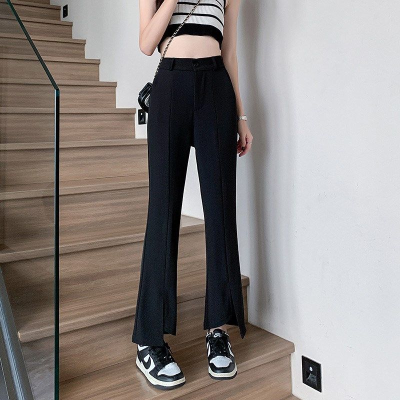 小矮个子145七分开叉西装裤女春季黑色高腰垂感八九分微喇裤xxs码