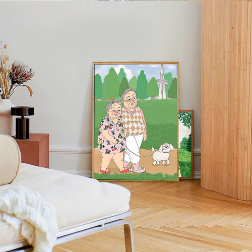 韩国老年情侣插画BOM手绘填色丙烯画diy数字油画简约卧室装饰挂画