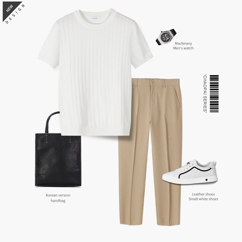 男士t恤短袖夏季新款休闲套装男白色上衣西裤垂坠感高级感两件套