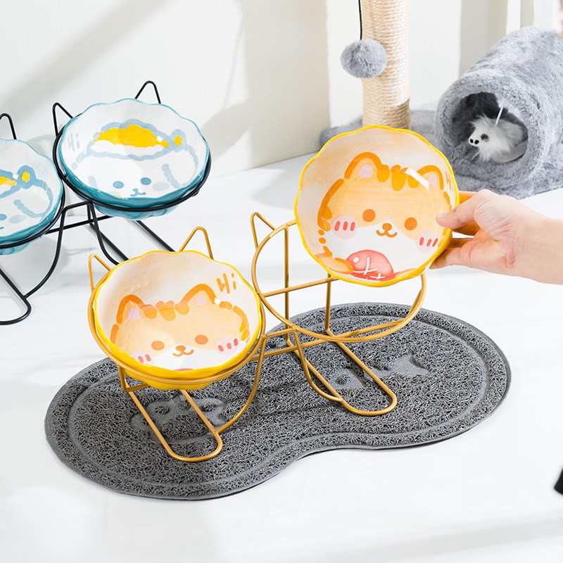 狗狗碗大容量猫碗陶瓷水碗猫咪食盆斜口高脚饭碗护颈防打翻固定架