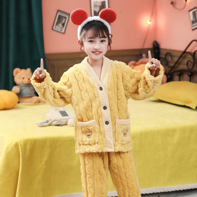 男童舒棉绒儿童睡衣秋冬季中大童男女孩加绒加厚法兰绒保暖居家服