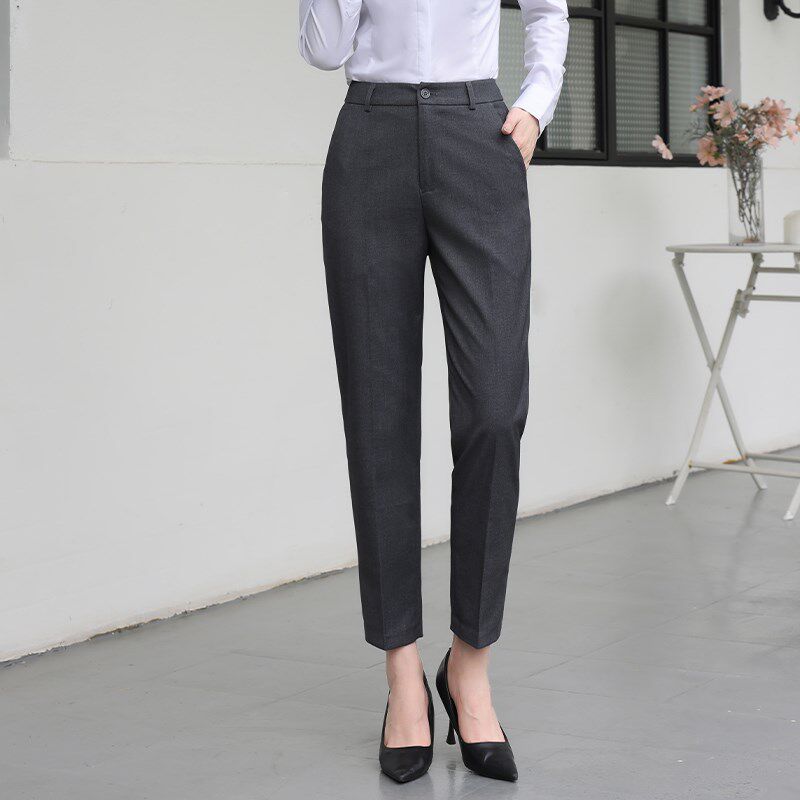 灰色西装裤女八九分窄版直筒宽松中腰休闲正装裤商务面试职业西裤