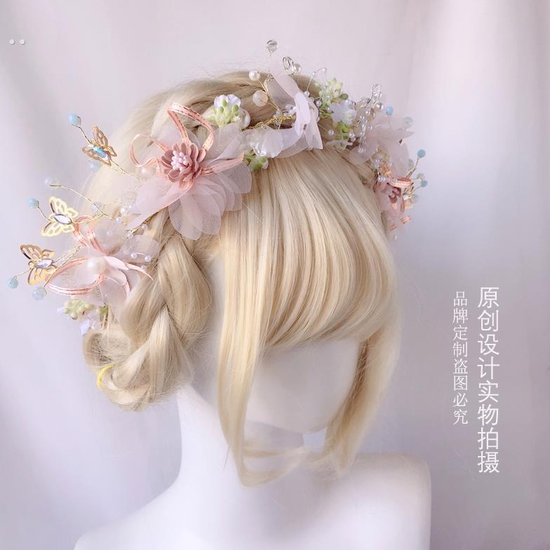 森系Lolita仙气飘带花朵发箍花环 lo娘kc头饰蝴蝶结绢花发夹发饰