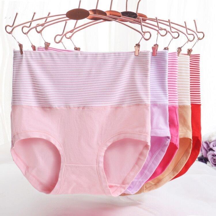 新款透气双层女士收腹纯棉高腰内裤女条纹大妈中年暖宫4条装