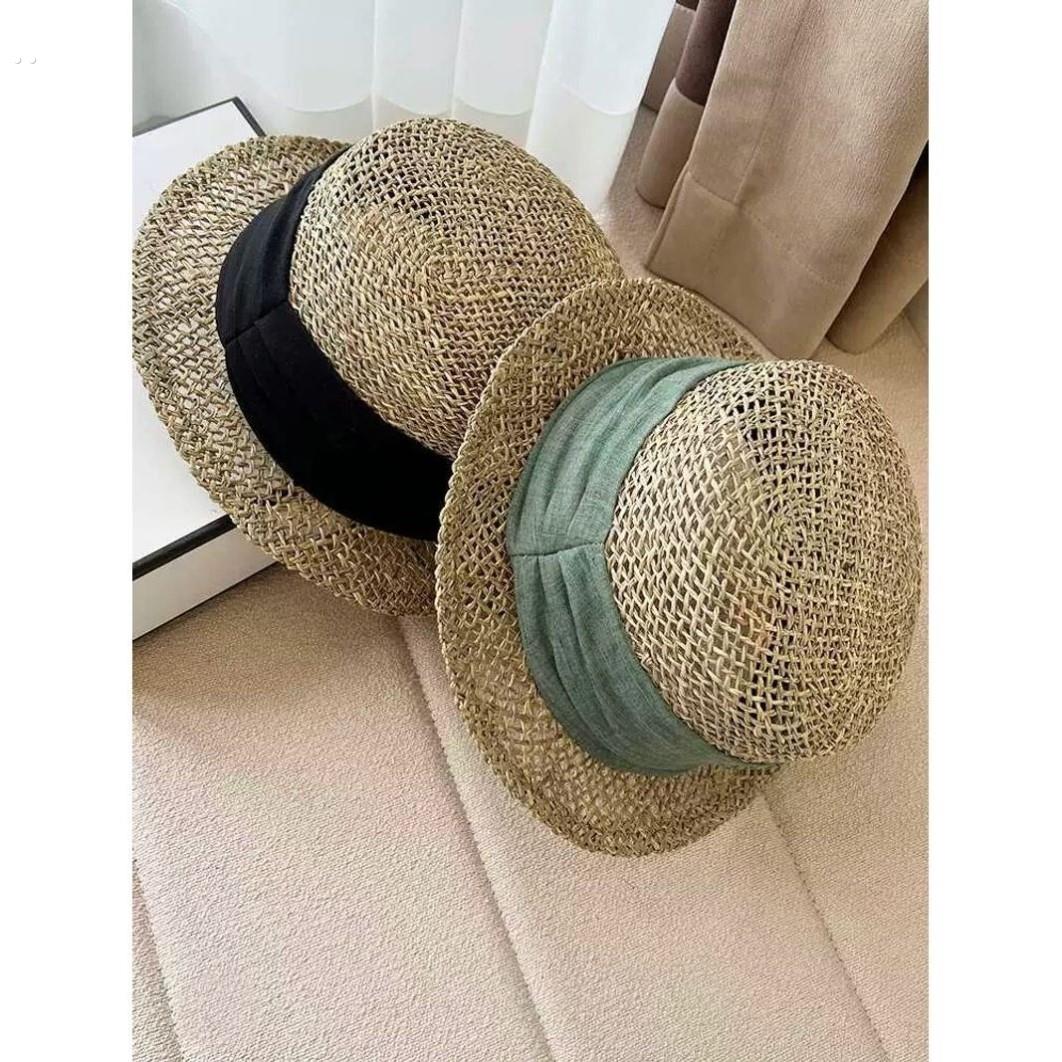 法式覆古平沿镂空草编礼帽女夏季小檐气质平顶盆帽拍照出游沙滩帽