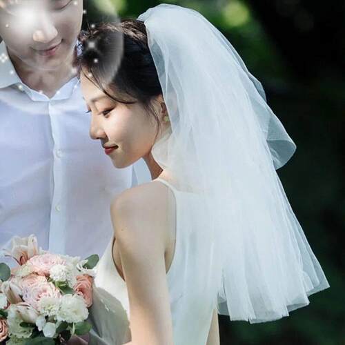领证小头纱新款求婚道具森系素纱头饰短款双层旅拍韩式蓬蓬发饰纱