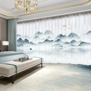 窗帘遮光2024新款 新中式 中国风景古典山水墨画客厅透光不透人纱帘