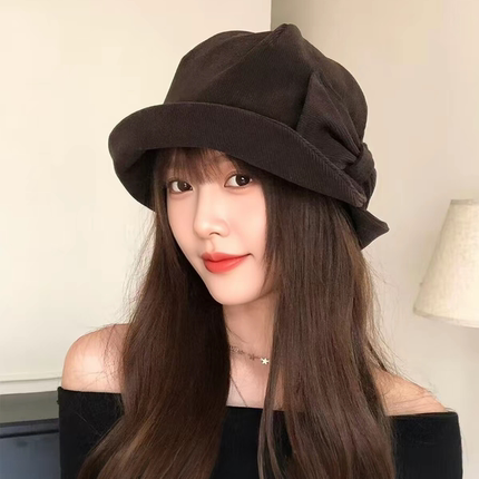简约纯色灯芯绒渔夫帽女秋冬宽檐盆帽子显脸小大头围水桶帽保暖