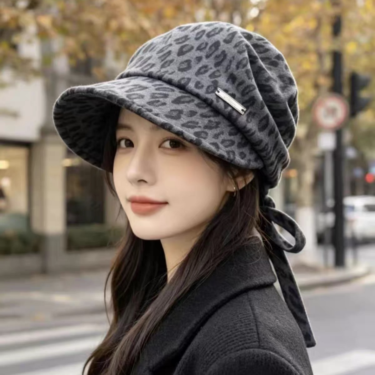 复古豹纹秋冬保暖显脸小鸭舌帽