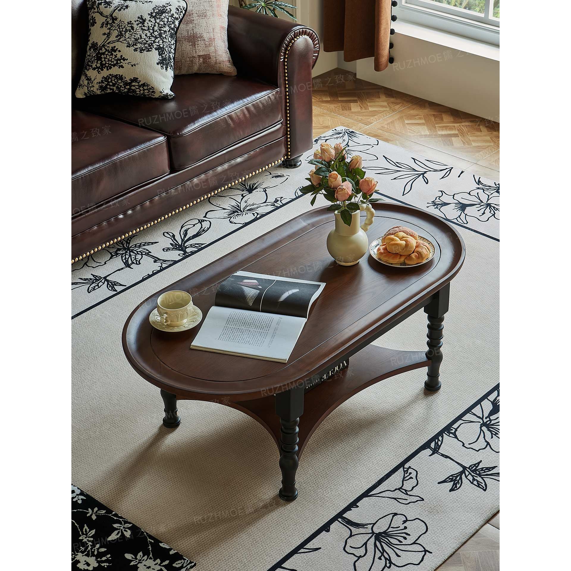 法式复古实木椭圆形茶几客厅家用小户型中古风矮桌子方圆长茶几