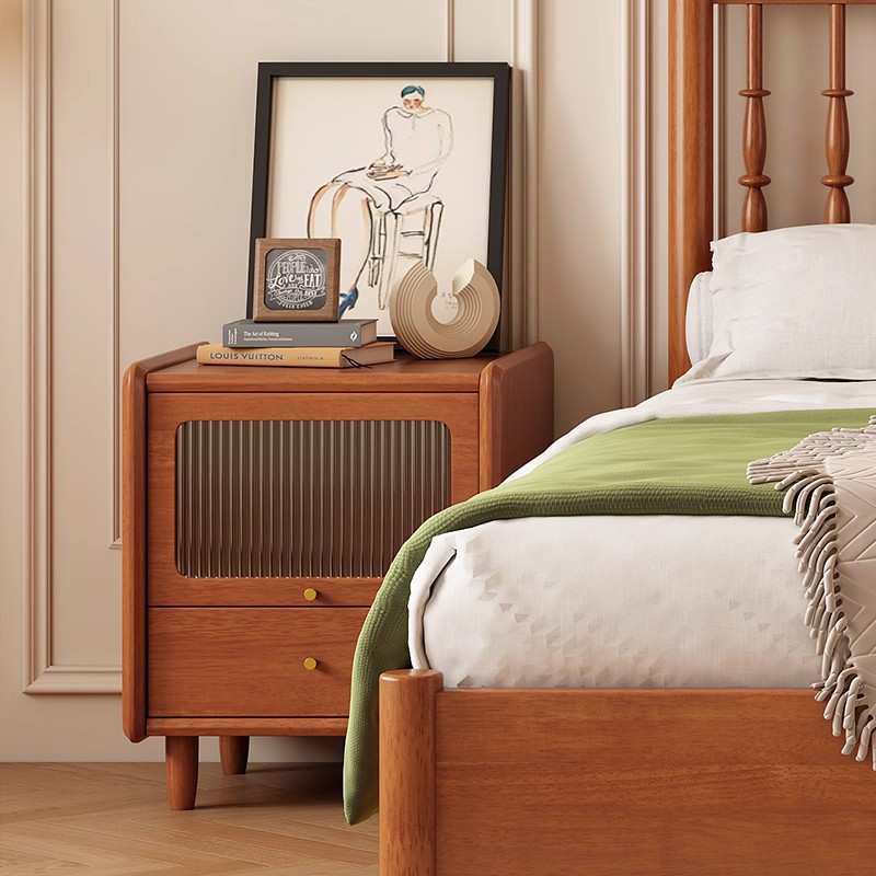 中古风实木床头柜卧室小户型中式复古黑色床边柜收纳柜整装带玻璃