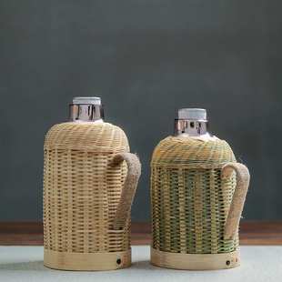 批手工传统热水瓶玻璃内胆保温保冷木塞闷茶壶竹编热水壶电振尾荣