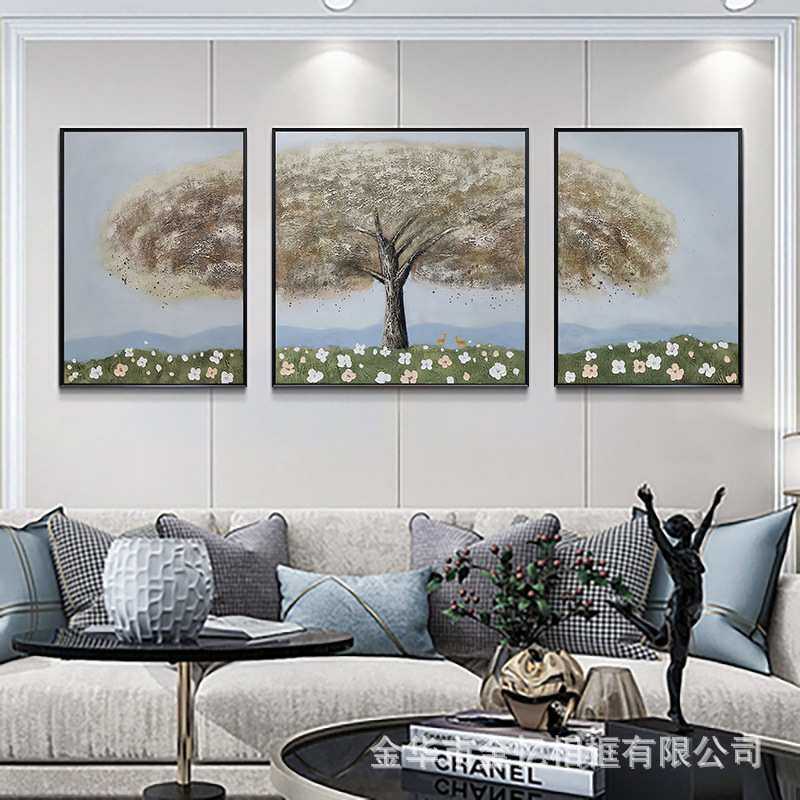 纯手绘日照金山实物金箔高端三联画客厅现代简约装饰画立体肌理挂