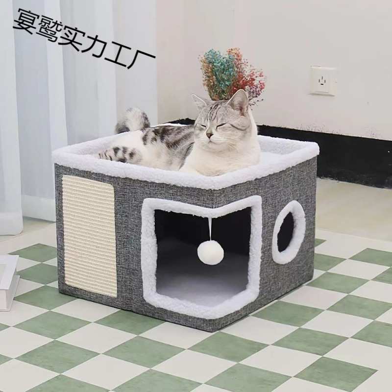 猫窝双层豪华可收纳折叠剑麻猫别墅大号封闭式直角猫房子四季通用