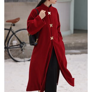 青山万华 新中式毛呢外套女2023秋冬装新款高级长版仿羊毛呢大衣