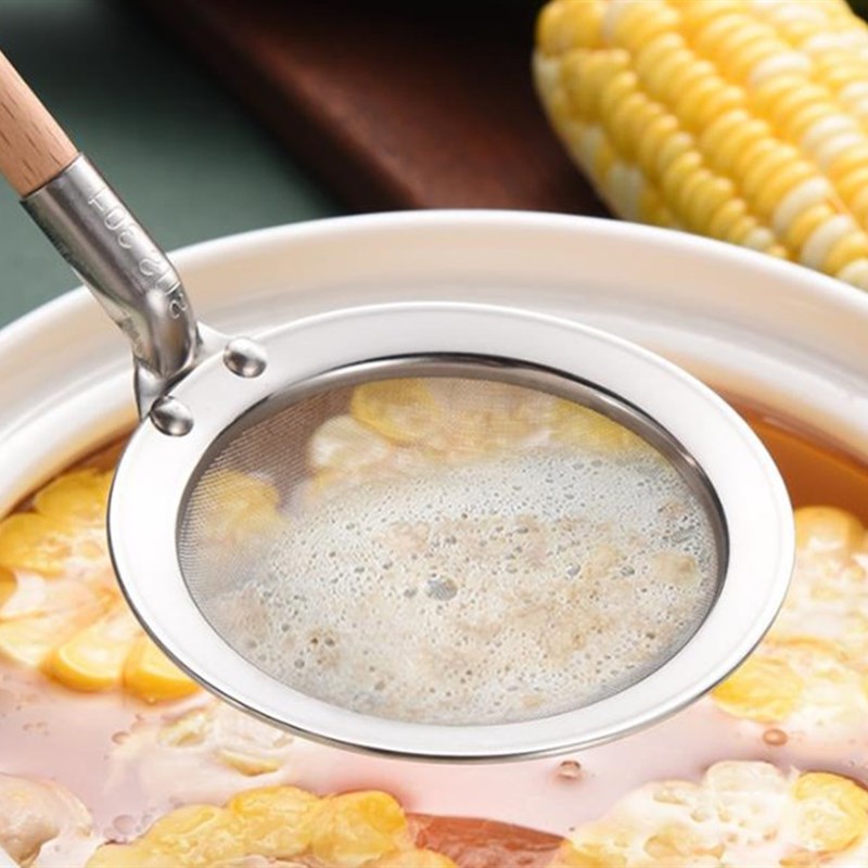 304不锈钢油格捞勺日式木柄撇油勺捞泡沫过滤网滤油神器火锅漏勺