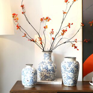 饰品餐桌青花瓷新中式 感玄关复古插花陶瓷花瓶摆件高级家居装 客厅