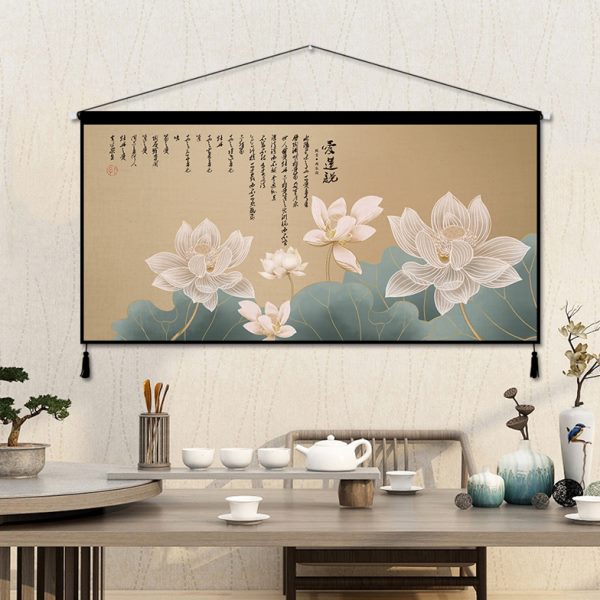 中式荷花布艺挂画挂布背景布中国风横版挂毯卧室房间墙面装饰布画图片