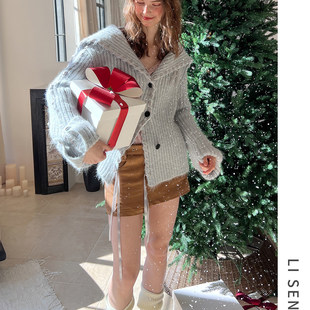 离森设计感绑带针织开衫秋冬灰蓝色可爱小众别致纽扣毛衣外套