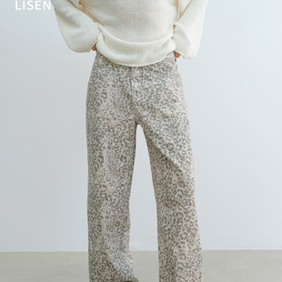 裤 低调休闲显腿长直款 豹纹复古水洗纯棉牛仔直筒裤 离森美式
