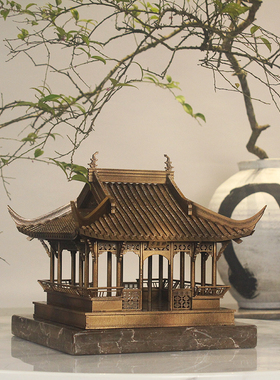 古铜色新中式禅意木质拼接古建筑亭子摆件酒店售楼部大堂软装摆设