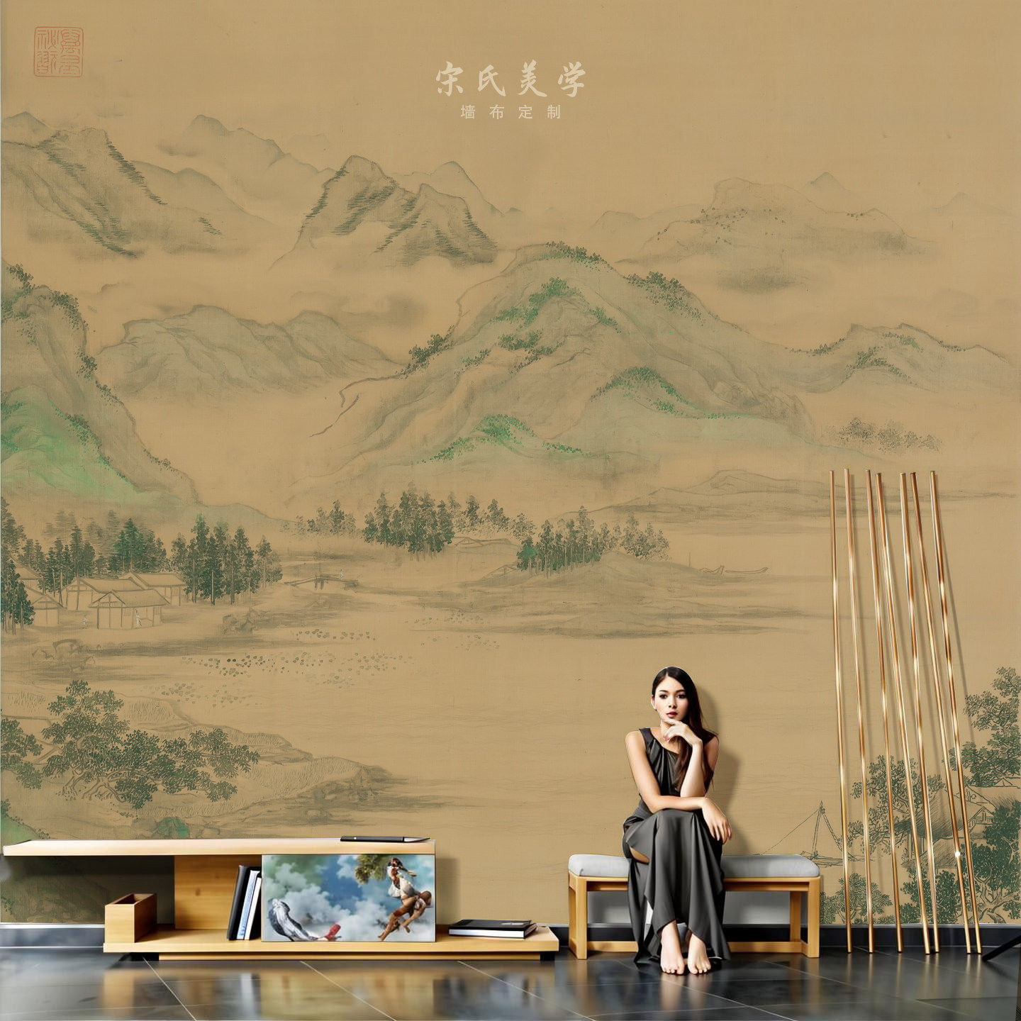 宋氏美学沙发背景墙壁纸古典卧室墙布玄关定制壁画民宿餐厅装饰布