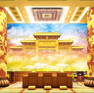 3D大型南天门墙纸寺庙仙道佛神位装 饰画九宵云宫大门佛系拜神壁布