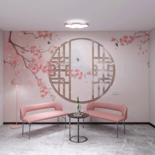 怀旧古典墙纸拍摄背景墙布沙发中式桃林壁画粉色花鸟客厅卧室壁纸