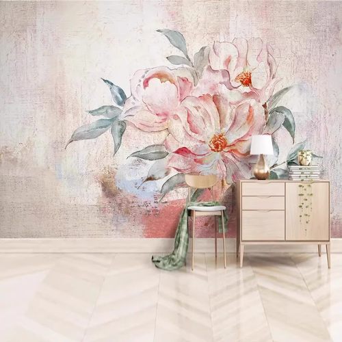 北欧复古牡丹油画电视背景墙壁布