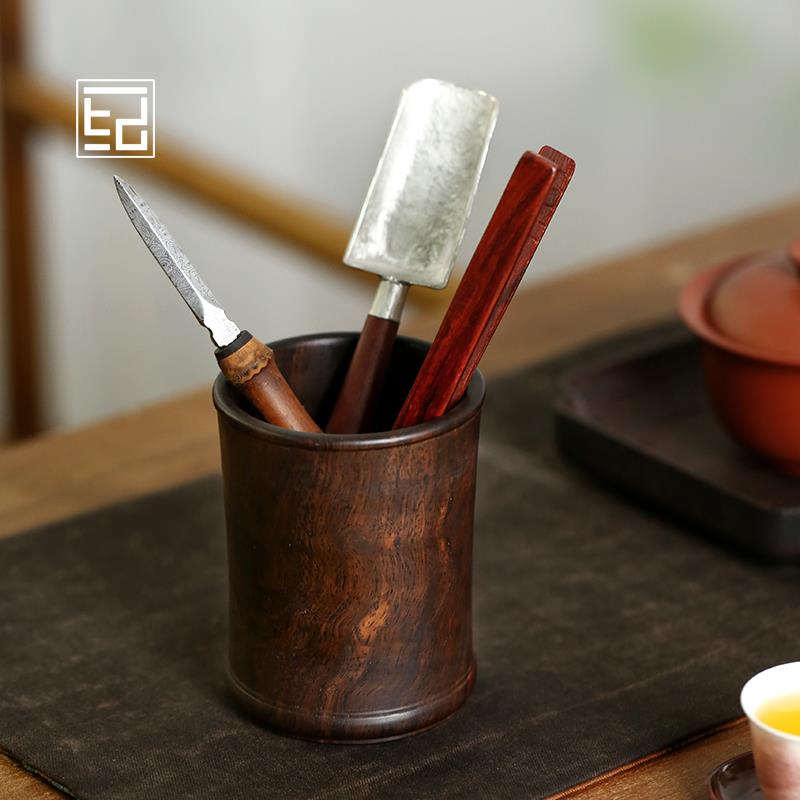 黑檀木实木制茶筒茶道六君子茶具配件笔筒茶桶茶刀6君子泡茶工具