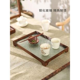茶盘家用实木复古海棠花玻璃托盘长方形黑胡桃木创意收纳盘子 日式