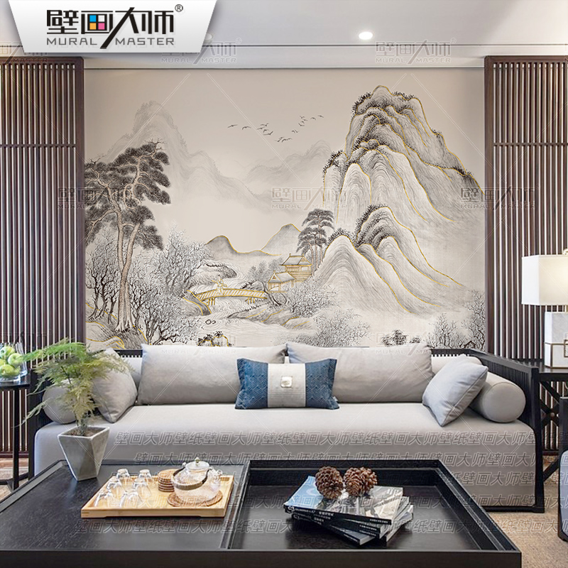 2023新中式意境山水壁布电视背景墙纸客厅沙发墙布酒店壁纸3d壁画