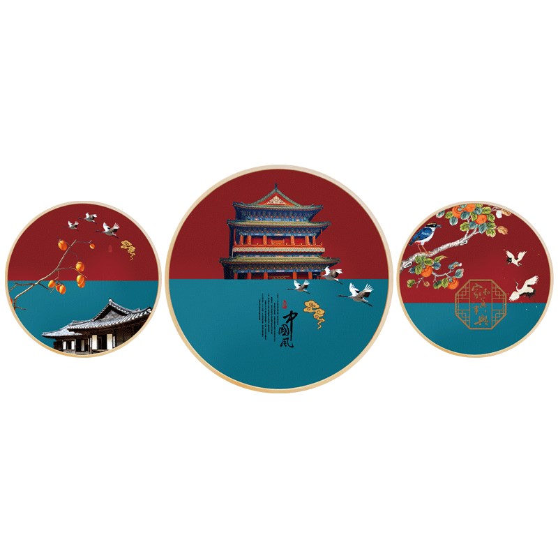 圆形新中式书房装饰画玄关衣帽间墙画实木框卧室床头壁画酒店挂画图片