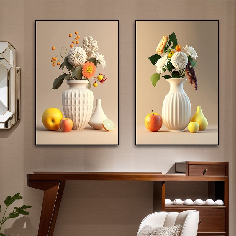 饭厅二联装饰画现代简约花瓶壁画背景墙轻奢花卉客厅酒店自黏贴画图片