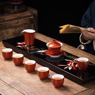 漆器茶具中式大漆漆画实木茶盘办公茶具套装家用简Y约干泡盘茶台