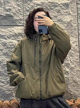 韩版双拉链连帽外套女2024秋冬新款休闲抽绳夹棉棉服短款夹克上衣