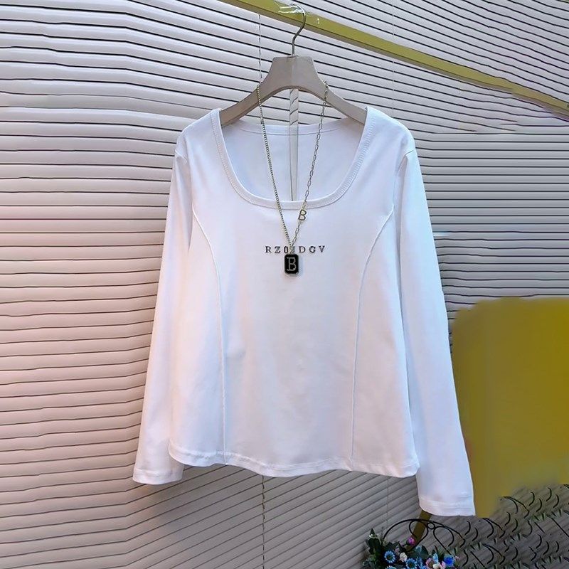 加大码女装U型领字母长袖T恤衫胖妹妹韩版简约秋冬款百搭休闲上衣