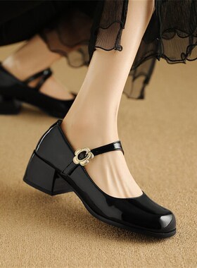 酒红色漆b皮中跟鞋大码44 45 46 47 48码粗跟单鞋黑色小皮鞋40-43