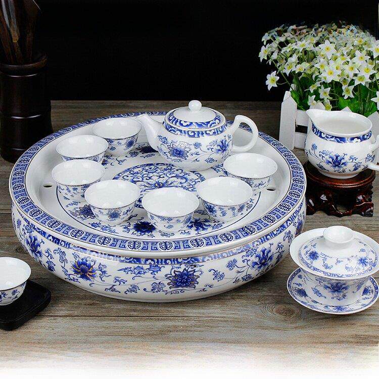青花茶具套装带圆形大茶盘托盘陶瓷功夫茶具整套家用办公送礼包邮