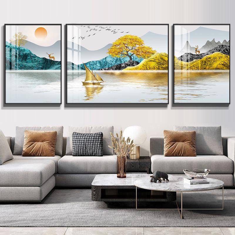 新式沙三联客厅装饰画轻奢风山水风景墙画发背中景墙FS726388画晶