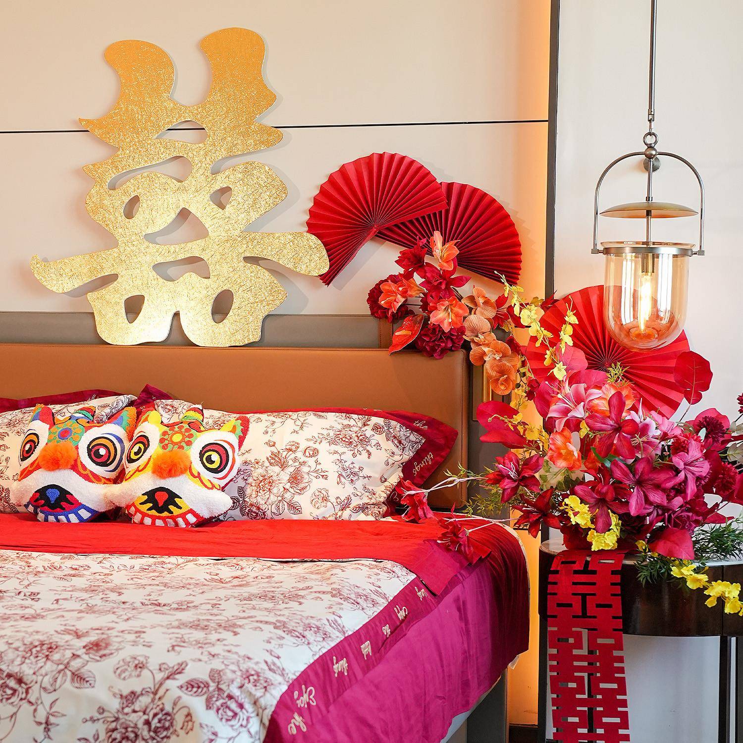 婚房布置套装结婚新房卧室床头红色喜字花簇装饰婚庆用品氛围套装