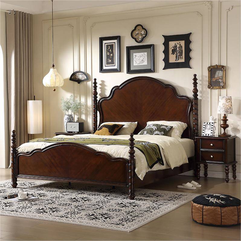法式复古实木床主卧家用中古风1米8现代轻奢双人大床卧室家具婚床